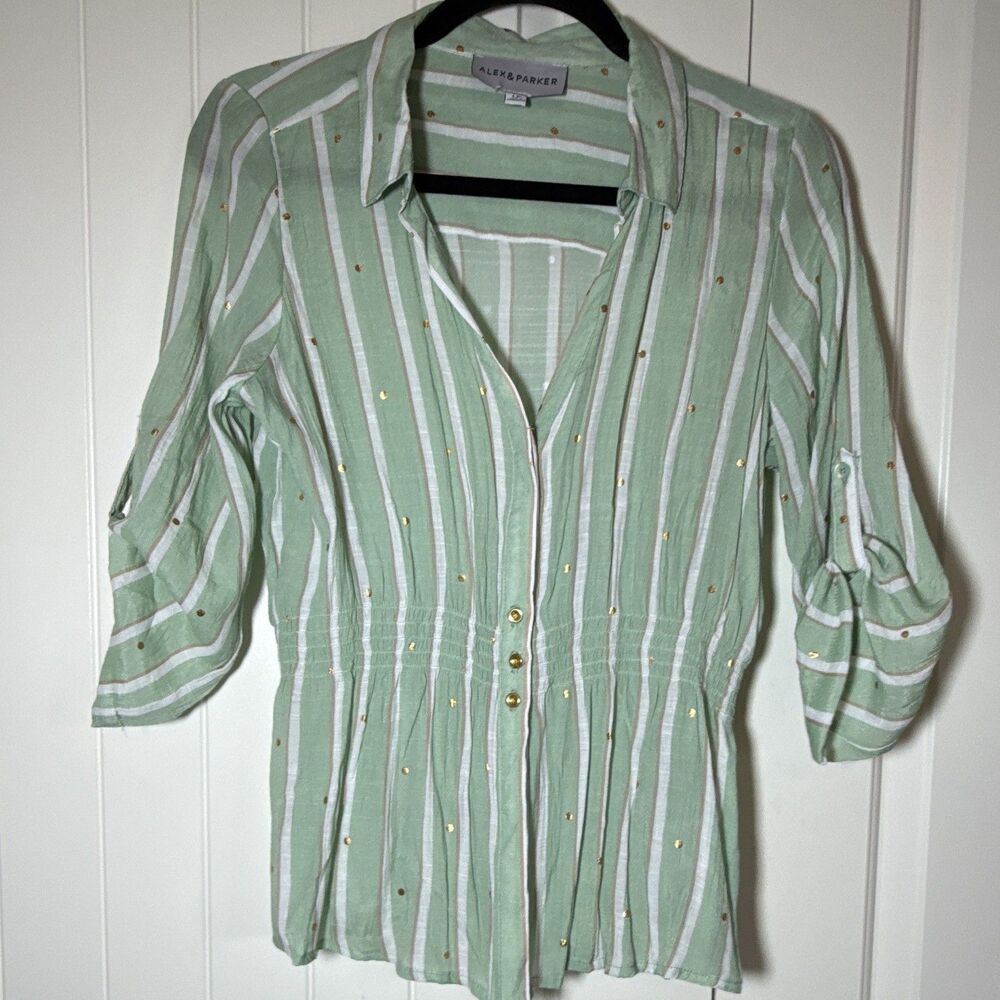 Alex & Parker Green Striped Gold Dot Button Roll-Tab 3/4 Sleeve Blouse LP